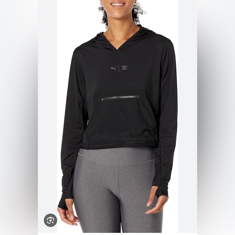 PUMA  Train First Mile Lightweight Hoodie Black Thumbholes & Kangaroo Po…